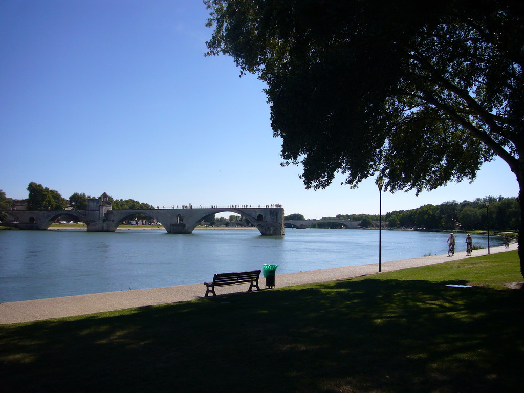 The Pont Saint-Bénezet bridge and the Pont Édouard Daladier bridge over the Rhône river, viewed from the Chemin de la Traille street