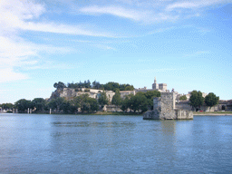 The Pont Saint-Bénezet bridge over the Rhône river, the Rocher des Doms gardens, the Avignon Cathedral and the Palais des Papes palace, viewed from the Chemin de la Traille street