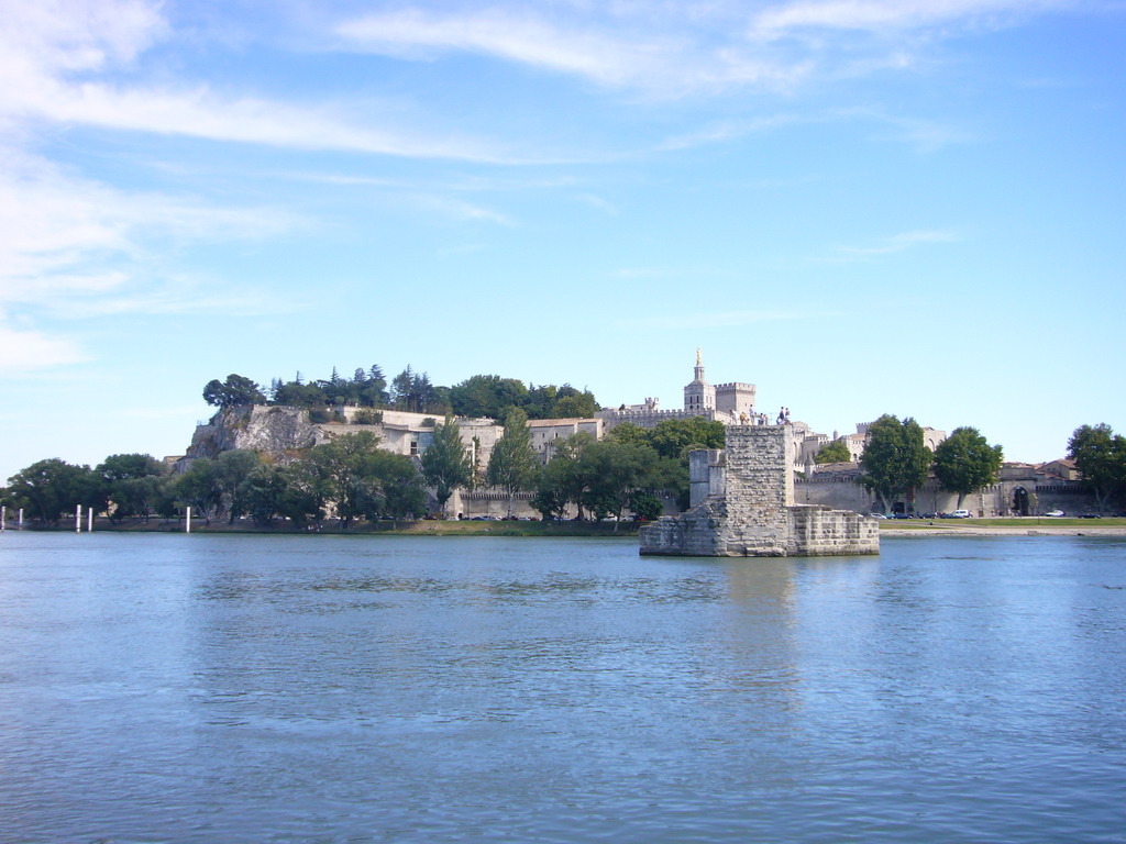 The Pont Saint-Bénezet bridge over the Rhône river, the Rocher des Doms gardens, the Avignon Cathedral and the Palais des Papes palace, viewed from the Chemin de la Traille street