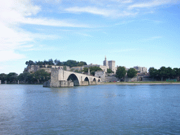 The Pont Saint-Bénezet bridge over the Rhône river, the Rocher des Doms gardens, the Avignon Cathedral and the Palais des Papes palace, viewed from the Chemin de la Traille street