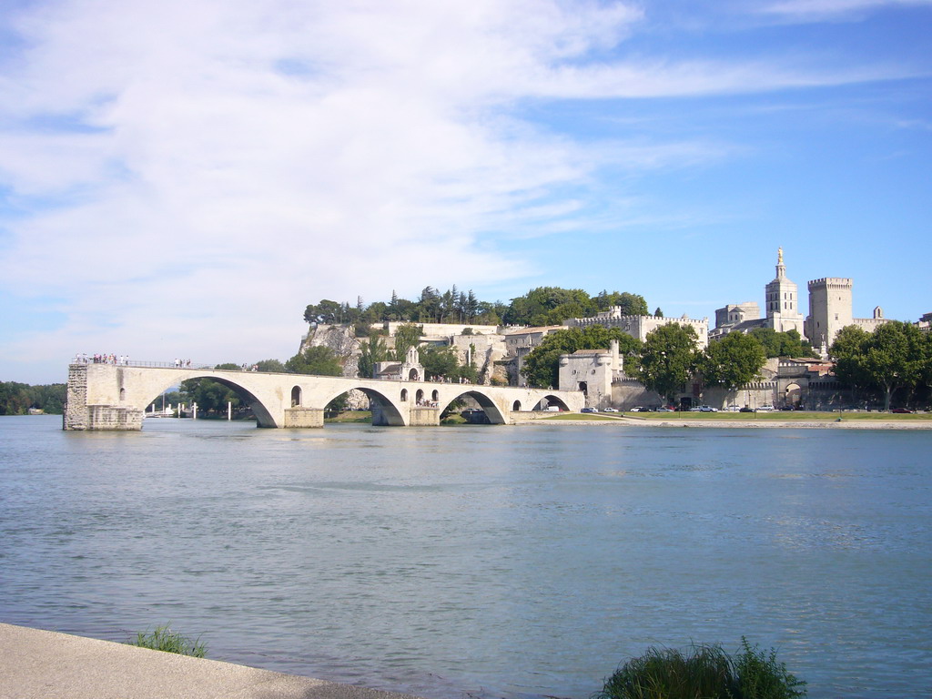 The Pont Saint-Bénezet bridge over the Rhône river, the Rocher des Doms gardens, the Avignon Cathedral and the Palais des Papes palace, viewed from the Chemin de la Traille street