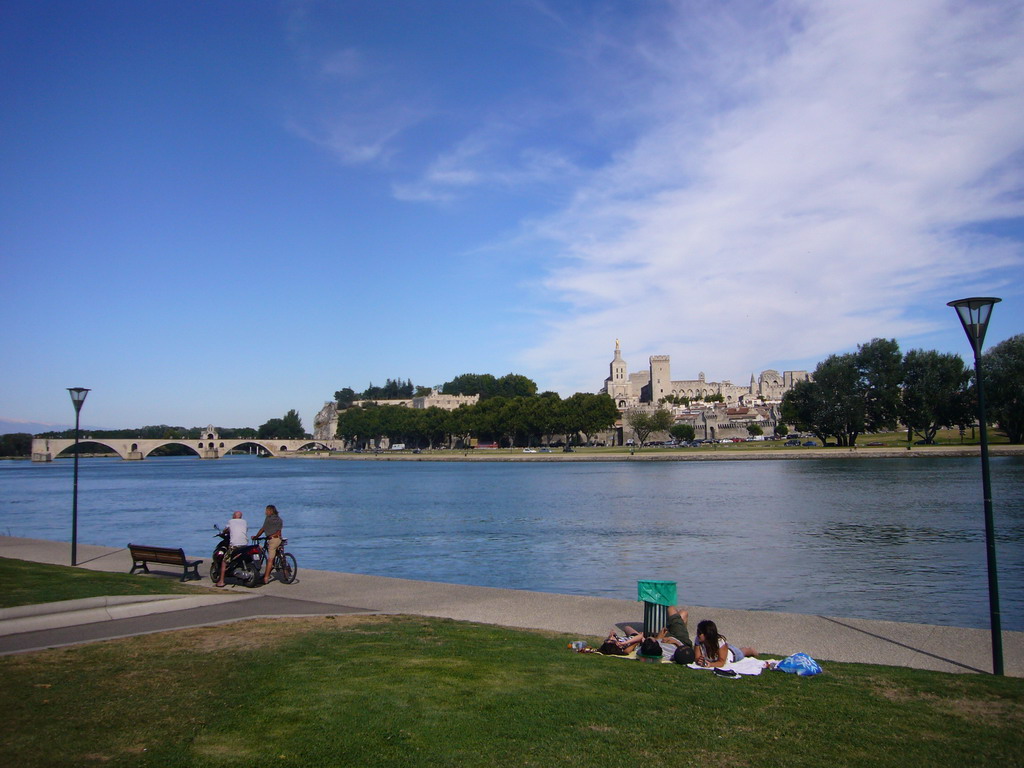 The Pont Saint-Bénezet bridge over the Rhône river, the Rocher des Doms gardens, the Avignon Cathedral and the Palais des Papes palace, viewed from the Chemin des Berges street