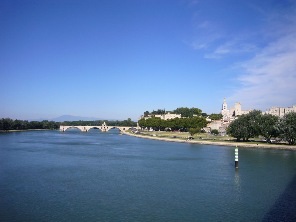 The Pont Saint-Bénezet bridge over the Rhône river, the Rocher des Doms gardens, the Avignon Cathedral and the Palais des Papes palace, viewed from the Pont Édouard Daladier bridge