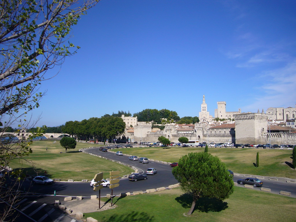 The Pont Saint-Bénezet bridge over the Rhône river, the Rocher des Doms gardens, the Avignon Cathedral and the Palais des Papes palace, viewed from the Pont Édouard Daladier bridge