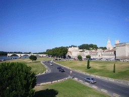 The Pont Saint-Bénezet bridge over the Rhône river, the Rocher des Doms gardens, the Avignon Cathedral and the Palais des Papes palace, viewed from the Pont Édouard Daladier bridge