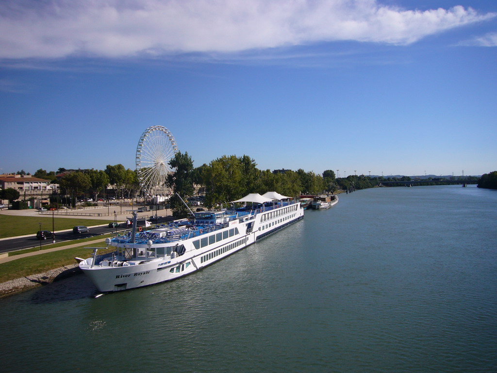 Boats in the Rhône river and a ferris wheel, viewed from the Pont Édouard Daladier bridge