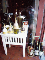 Bottles of salt, olive oil and wine in a shop in the city center