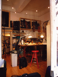 Interior of the workshop of a music instrument shop in the city center