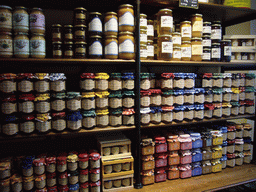 Bottles of honey and marmalade in a shop in the city center