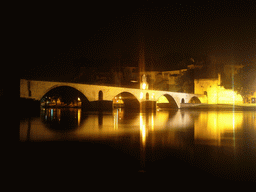 The Pont Saint-Bénezet bridge over the Rhône river, the Rocher des Doms gardens and the Palais des Papes palace, viewed from the Chemin de la Traille street, by night