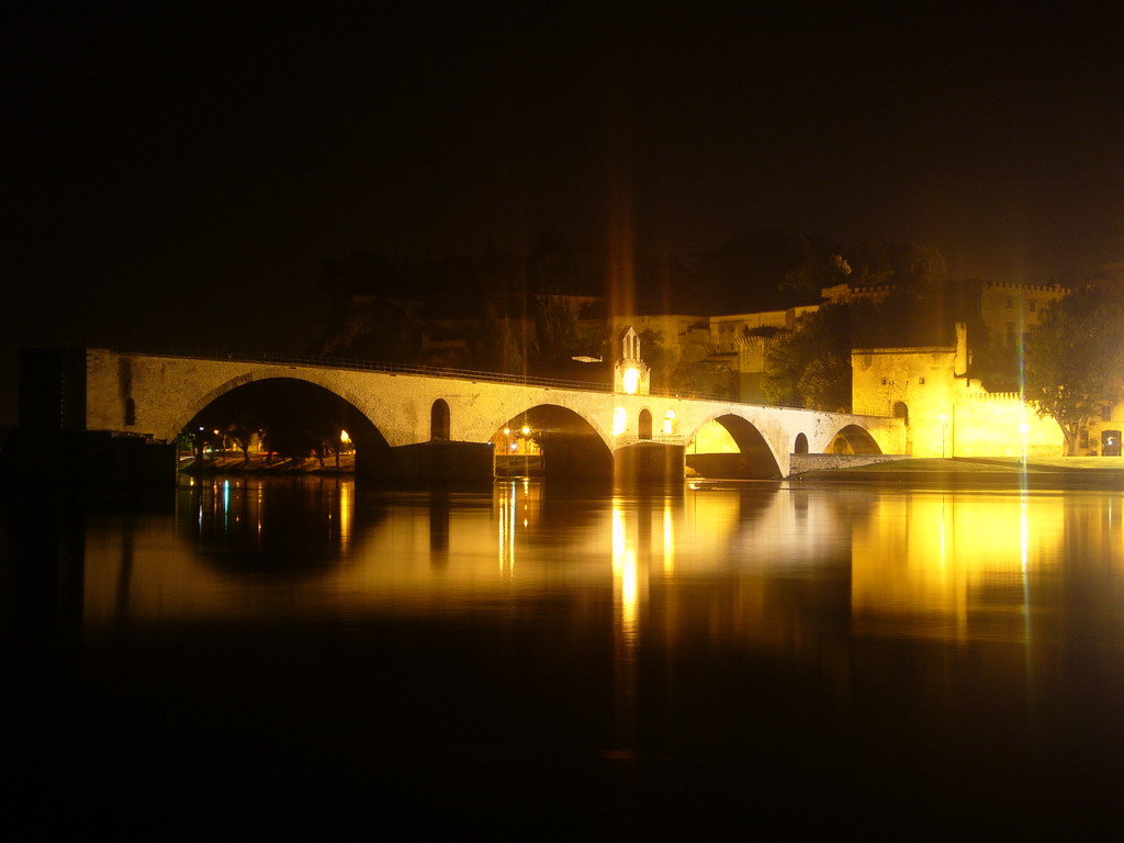 The Pont Saint-Bénezet bridge over the Rhône river, the Rocher des Doms gardens and the Palais des Papes palace, viewed from the Chemin de la Traille street, by night