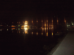 The Pont Édouard Daladier bridge over the Rhône river and a ferris wheel, viewed from the Chemin des Berges street, by night