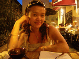 Miaomiao on the terrace of a restaurant in the city center