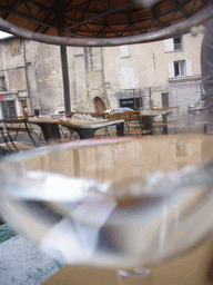 Glass on the terrace of our lunch restaurant in the city center