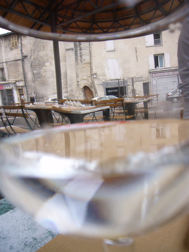 Glass on the terrace of our lunch restaurant in the city center