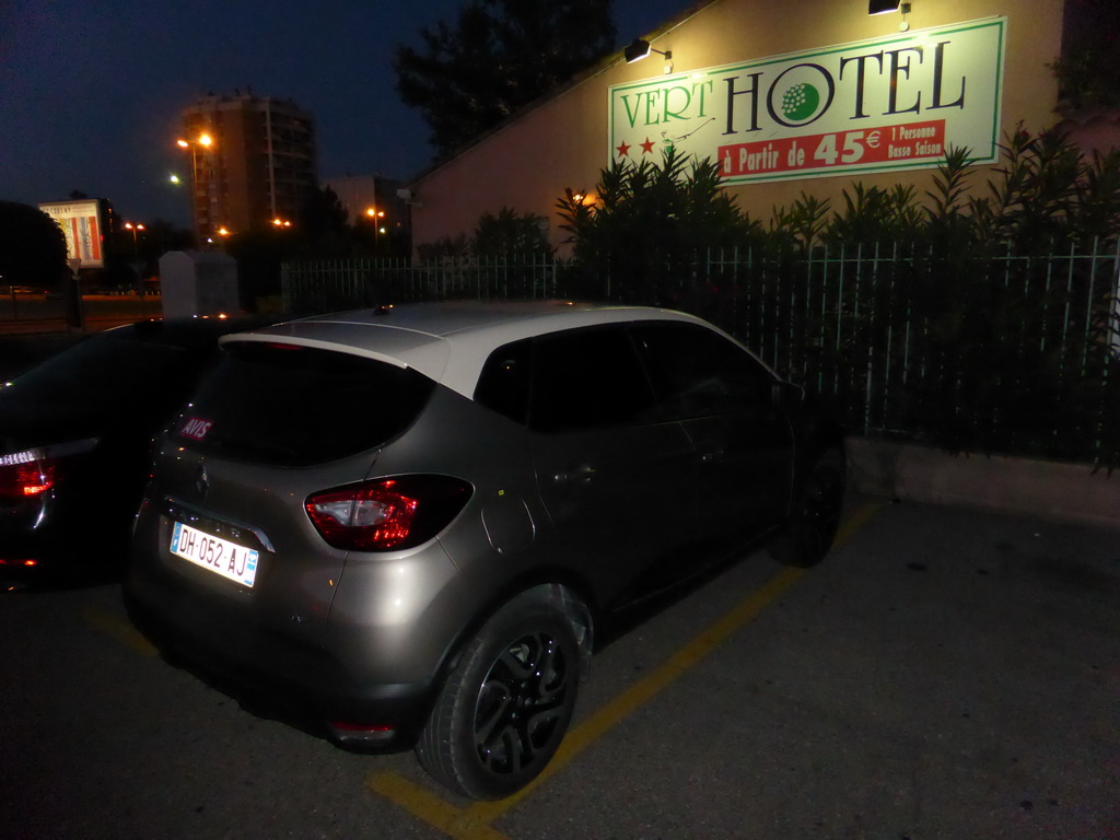 Our rental car parked in front of the Vert Hôtel at the Avenue Pierre de Coubertin