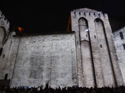 The eastern wall at the Cour d`Honneur courtyard of the Palais des Papes palace, just before the Les Luminessences d`Avignon light show, by night