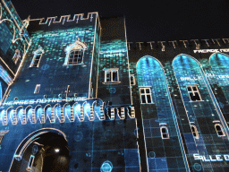 The northern wall at the Cour d`Honneur courtyard of the Palais des Papes palace, during the Les Luminessences d`Avignon light show, by night