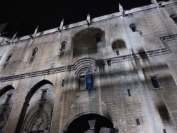 The western wall at the Cour d`Honneur courtyard of the Palais des Papes palace, during the Les Luminessences d`Avignon light show, by night