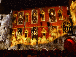 The southern wall at the Cour d`Honneur courtyard of the Palais des Papes palace, during the Les Luminessences d`Avignon light show, by night