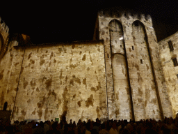 The eastern wall at the Cour d`Honneur courtyard of the Palais des Papes palace, during the Les Luminessences d`Avignon light show, by night