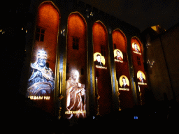 The northern wall at the Cour d`Honneur courtyard of the Palais des Papes palace, during the Les Luminessences d`Avignon light show, by night