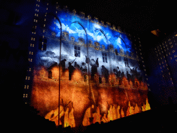 The northern wall at the Cour d`Honneur courtyard of the Palais des Papes palace, during the Les Luminessences d`Avignon light show, by night