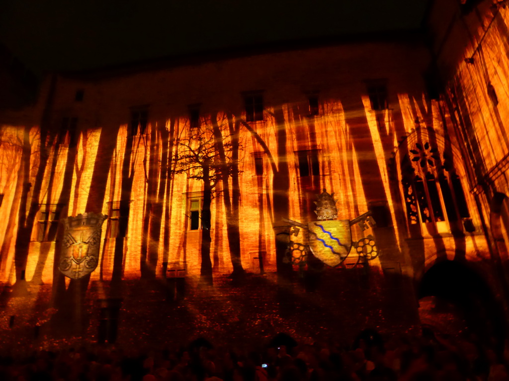 The southern wall at the Cour d`Honneur courtyard of the Palais des Papes palace, during the Les Luminessences d`Avignon light show, by night