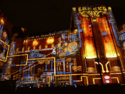 The eastern wall at the Cour d`Honneur courtyard of the Palais des Papes palace, during the Les Luminessences d`Avignon light show, by night