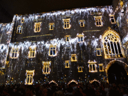 The southern wall at the Cour d`Honneur courtyard of the Palais des Papes palace, during the Les Luminessences d`Avignon light show, by night