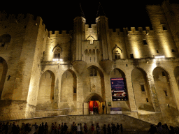 Front of the Palais des Papes palace at the Place du Palais square, by night