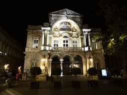 Front of the Opéra Grand Avignon building at the Place de l`Horloge square, by night