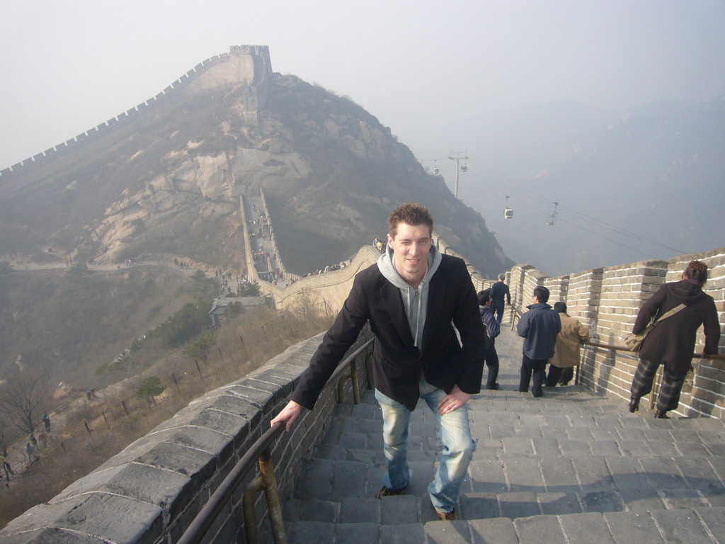 Tim on the Badaling Great Wall near the Eighth Tower of the North Side, with a view on the Seventh Tower