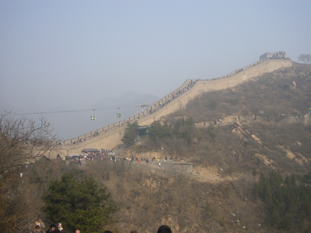 The Eighth Tower of the North Side of the Badaling Great Wall and the entrance to the cable lift, viewed from a path near the Sixth Tower