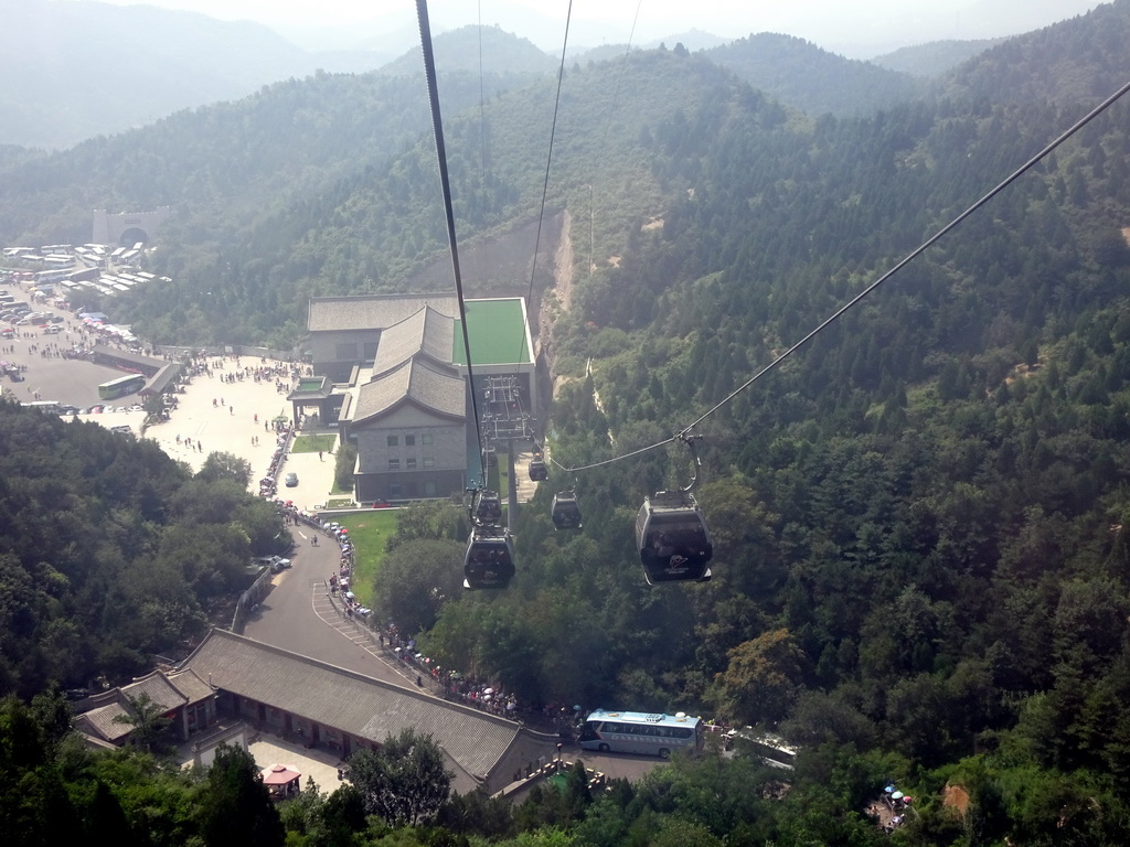 The parking lot and entrance building to the cable lift to the Badaling Great Wall, viewed from the cable cart