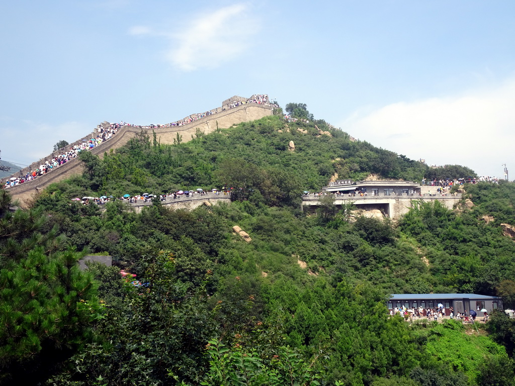 The Eighth Tower of the North Side of the Badaling Great Wall and the entrance to the cable lift, viewed from a path near the Sixth Tower