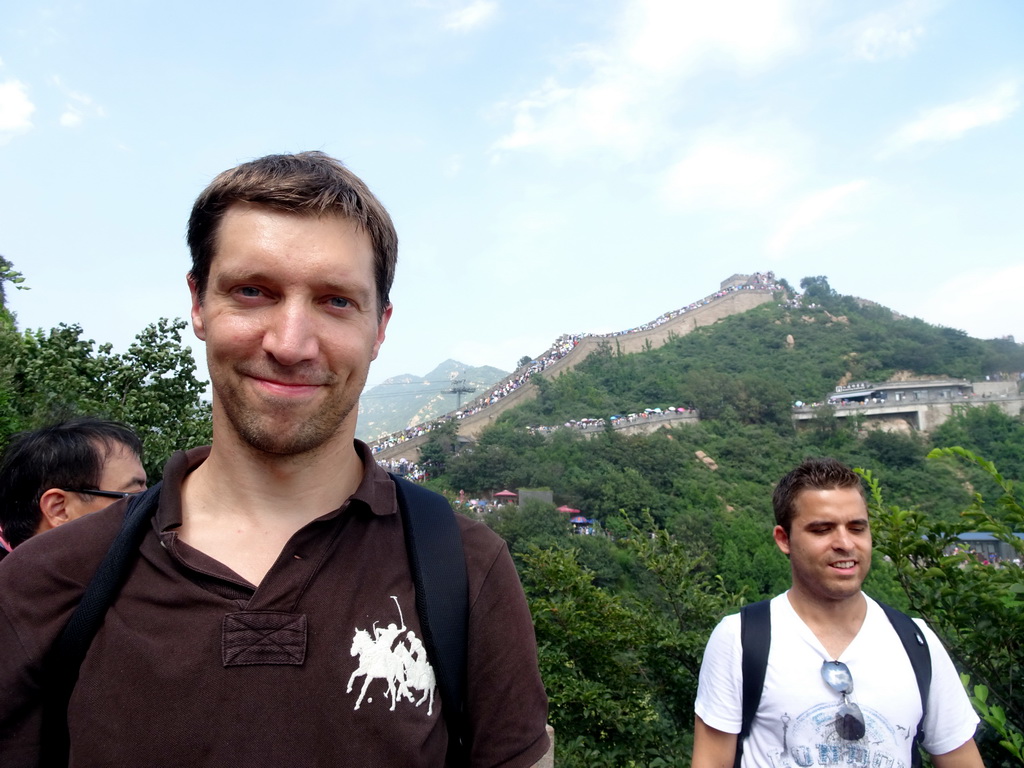 Tim, the Eighth Tower of the North Side of the Badaling Great Wall and the entrance to the cable lift, viewed from a path near the Sixth Tower