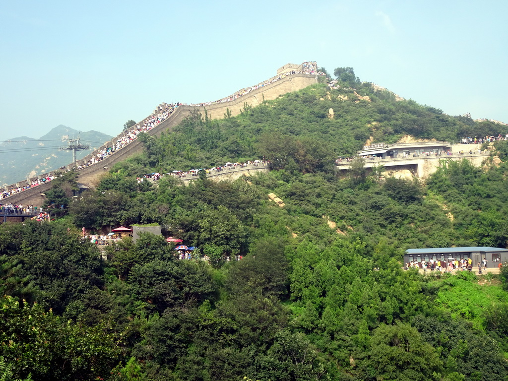 The Eighth Tower of the North Side of the Badaling Great Wall and the entrance to the cable lift, viewed from a path near the Sixth Tower