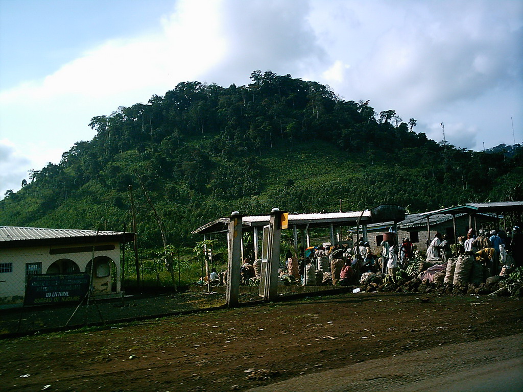 Market and hill along the road from Douala, viewed from the car