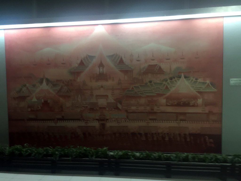 Thai painting on the wall of the Arrivals Hall of Bangkok Suvarnabhumi Airport