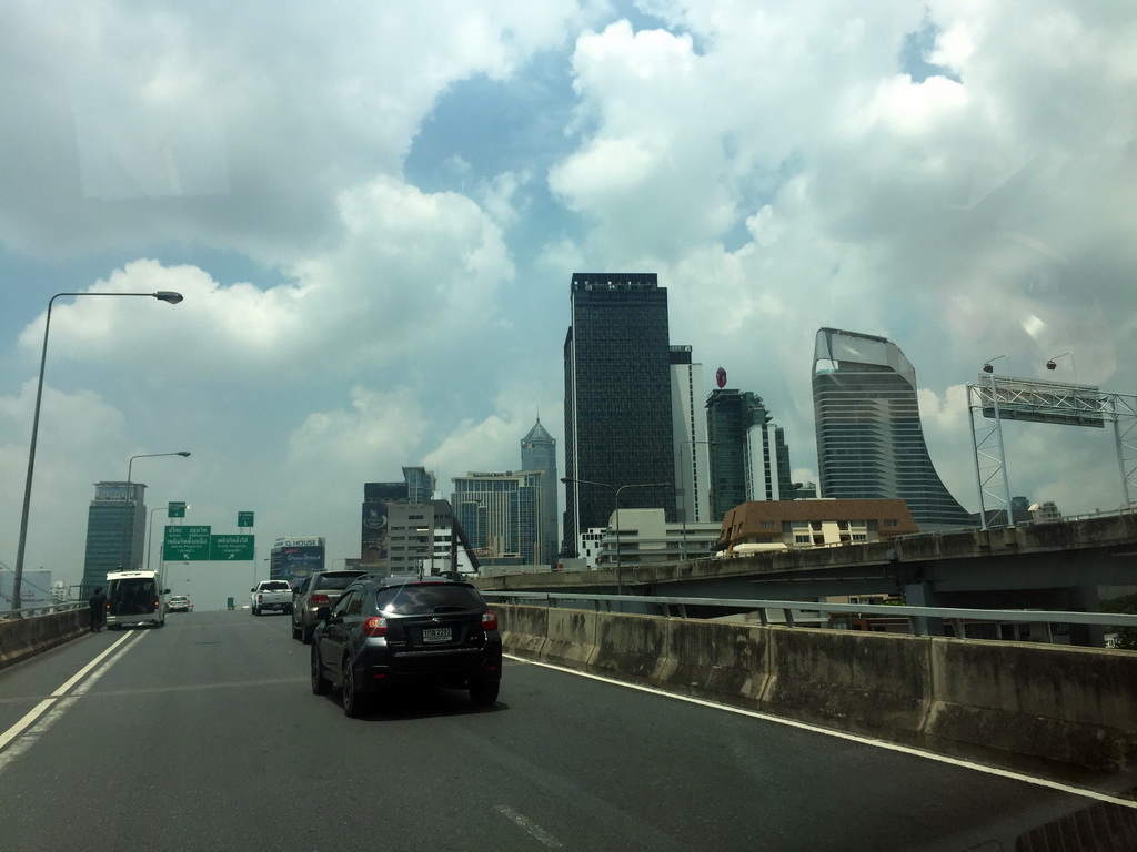 The Central Embassy building and other skyscrapers, viewed from the taxi on Chaturathid Road