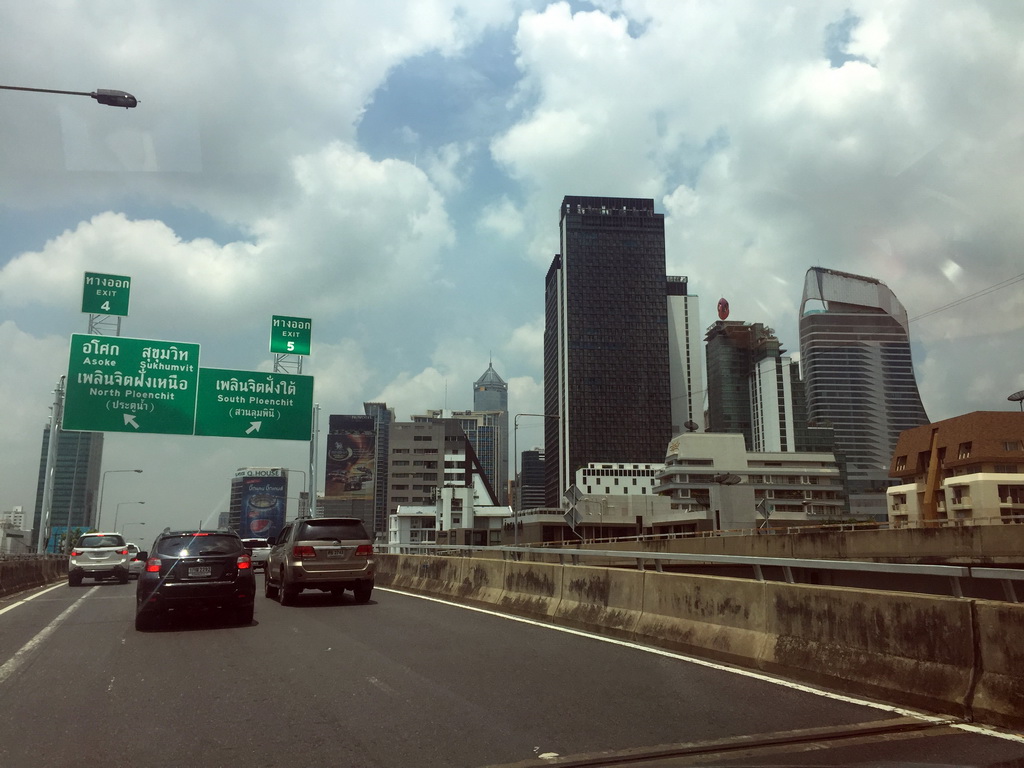 The Central Embassy building and other skyscrapers, viewed from the taxi on Chaturathid Road