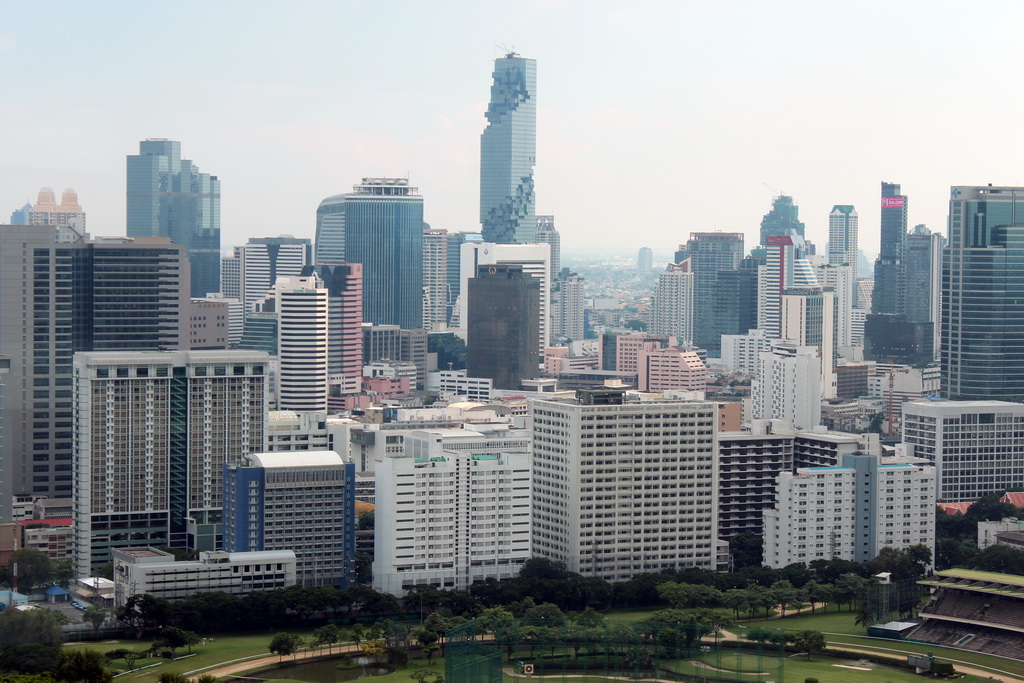 The MahaNakhon building and other skyscrapers in the city center, viewed from our room at the Grande Centre Point Hotel Ratchadamri Bangkok