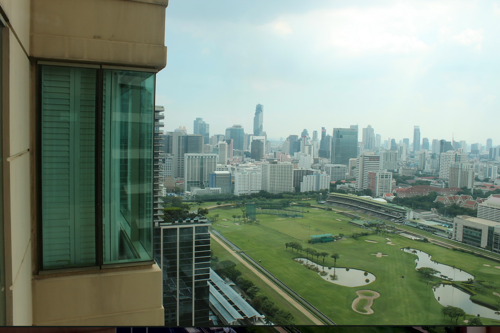 The Royal Bangkok Sports Club golf course, Chulalongkorn University, the MahaNakhon building, the State Tower and other skyscrapers in the city center, viewed from our room at the Grande Centre Point Hotel Ratchadamri Bangkok