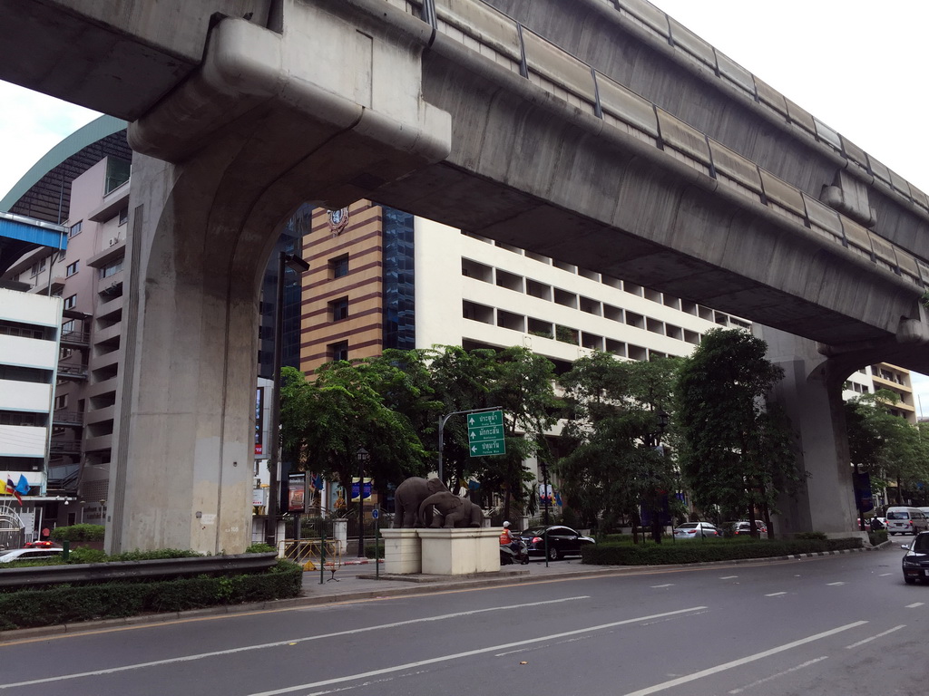 Ratchadamri Road with skywalk and a statue of two elephants