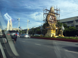 The Democracy Monument and another monument, under renovation, at Ratchadamnoen Klang Road, viewed from the taxi