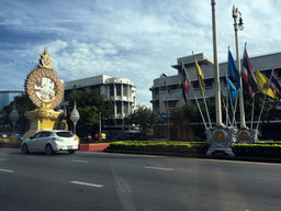 Monument and flags at Ratchadamnoen Klang Road, viewed from the taxi