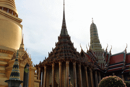 The Phra Siratana Chedi stupa, the Phra Mondop hall and the Prasat Phra Dhepbidorn hall at the Temple of the Emerald Buddha at the Grand Palace