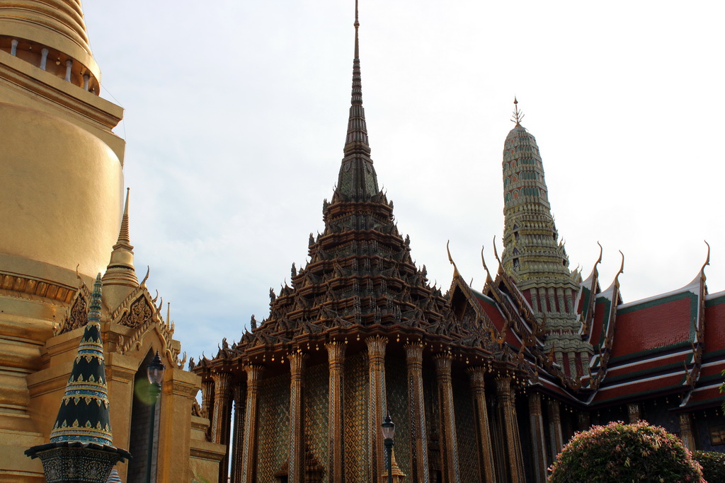 The Phra Siratana Chedi stupa, the Phra Mondop hall and the Prasat Phra Dhepbidorn hall at the Temple of the Emerald Buddha at the Grand Palace