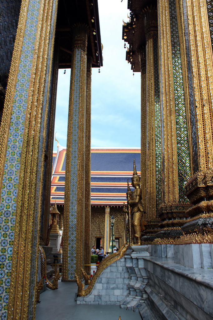 The Prasat Phra Dhepbidorn hall, Yaksha statues in front of the Phra Mondop hall and the north side of the Chapel of the Emerald Buddha at the Temple of the Emerald Buddha at the Grand Palace